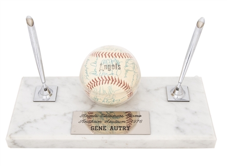 1976 Angels Old Timers Game Commemorative Marble Pen Holder Gifted To Gene Autry With Team Signed Baseball (Autry LOA & Beckett PreCert)